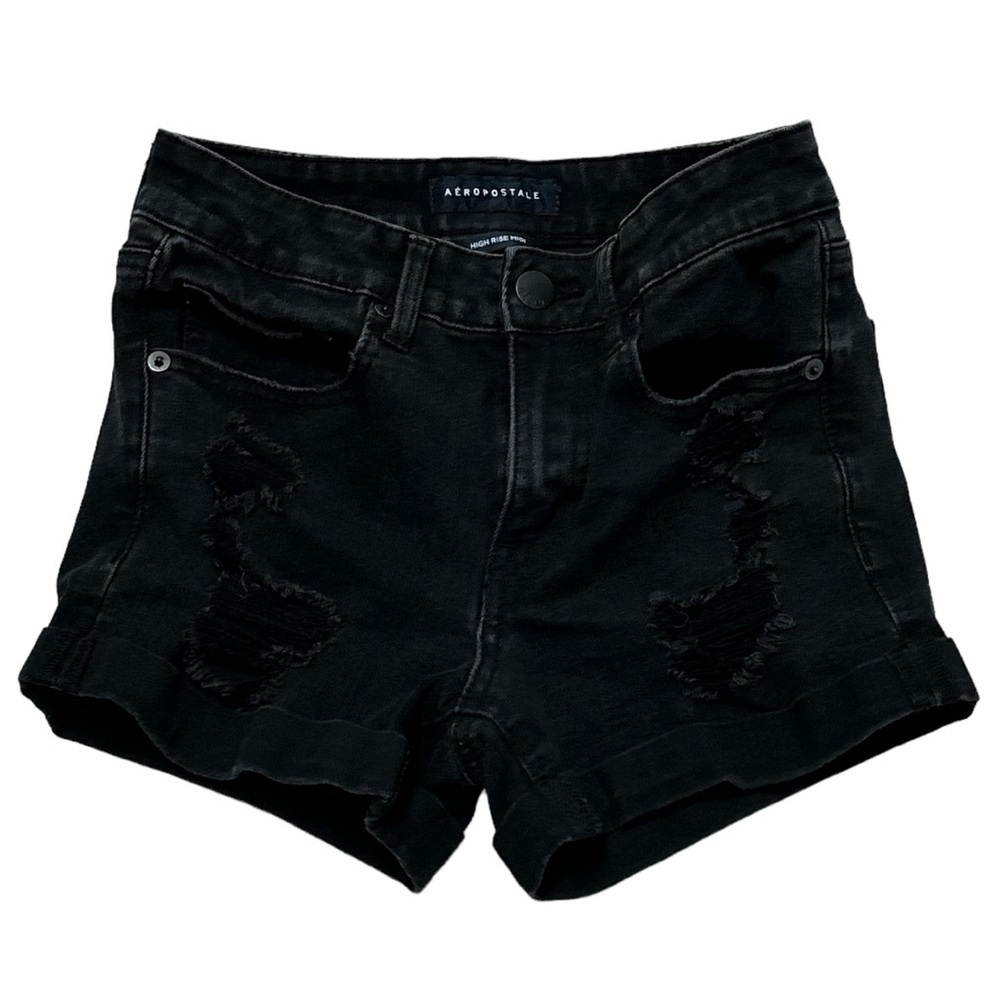 Aeropostale Distressed Black Denim Shorts Cuffed Hem Button zipper Fly Size 4